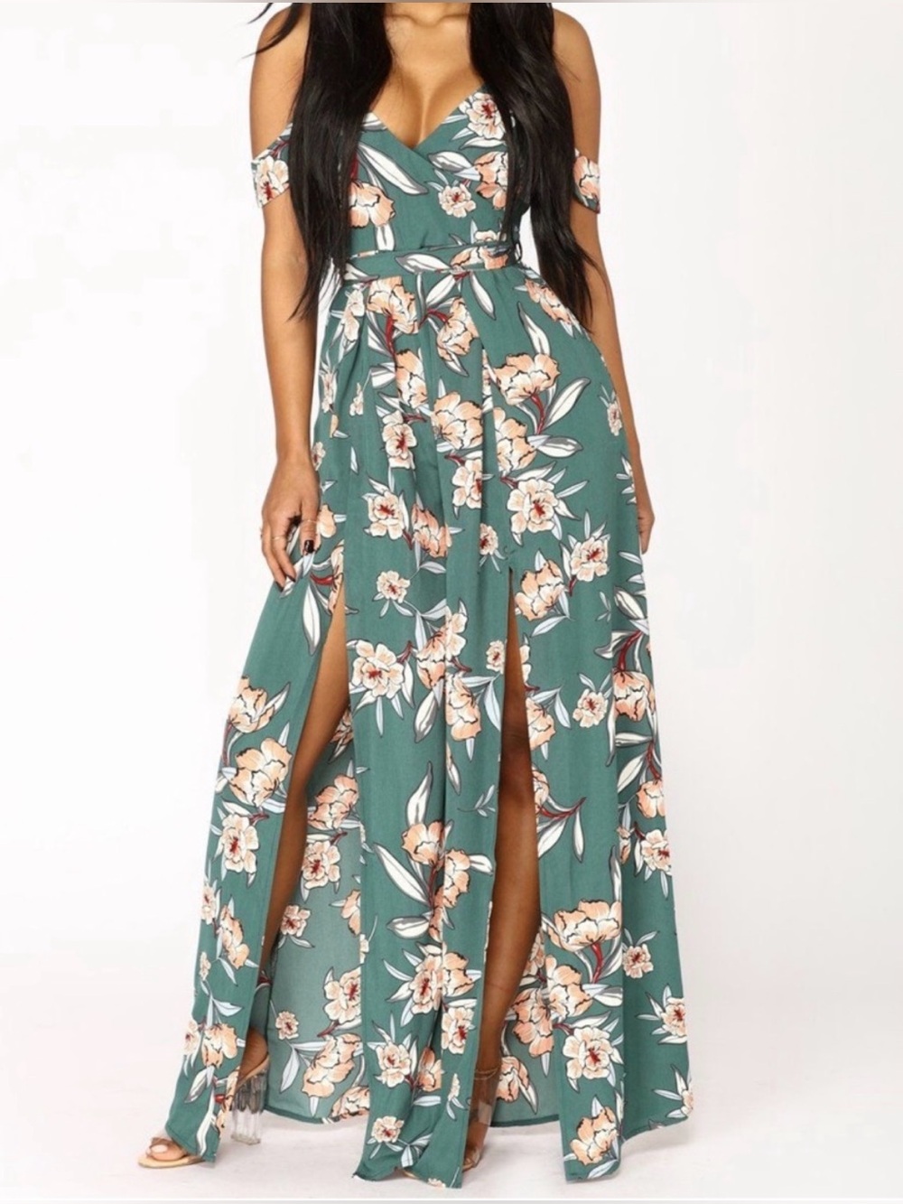 Fashion Nova -Green Floral Off-Shoulder
Jumpsuit in Teal